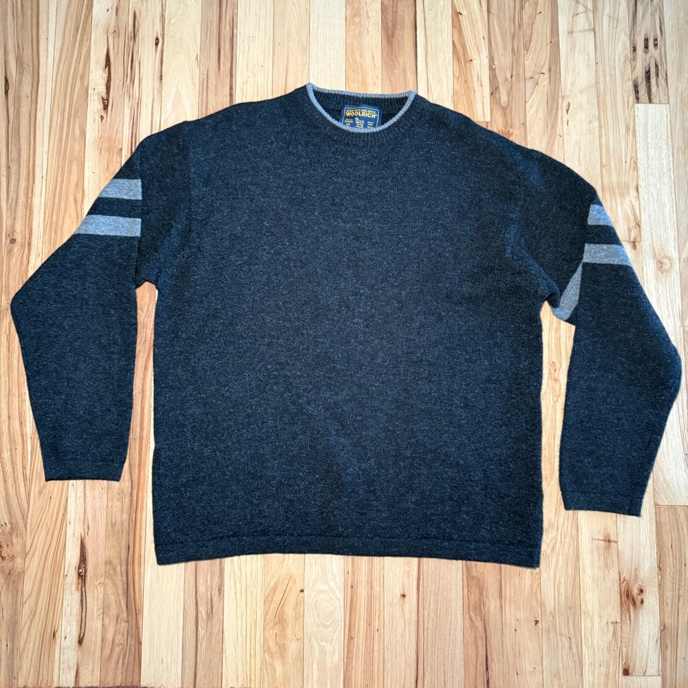 Woolrich Men’s Wool Cotton Crewneck Stripe Sleeve Charcoal Grey Sweater